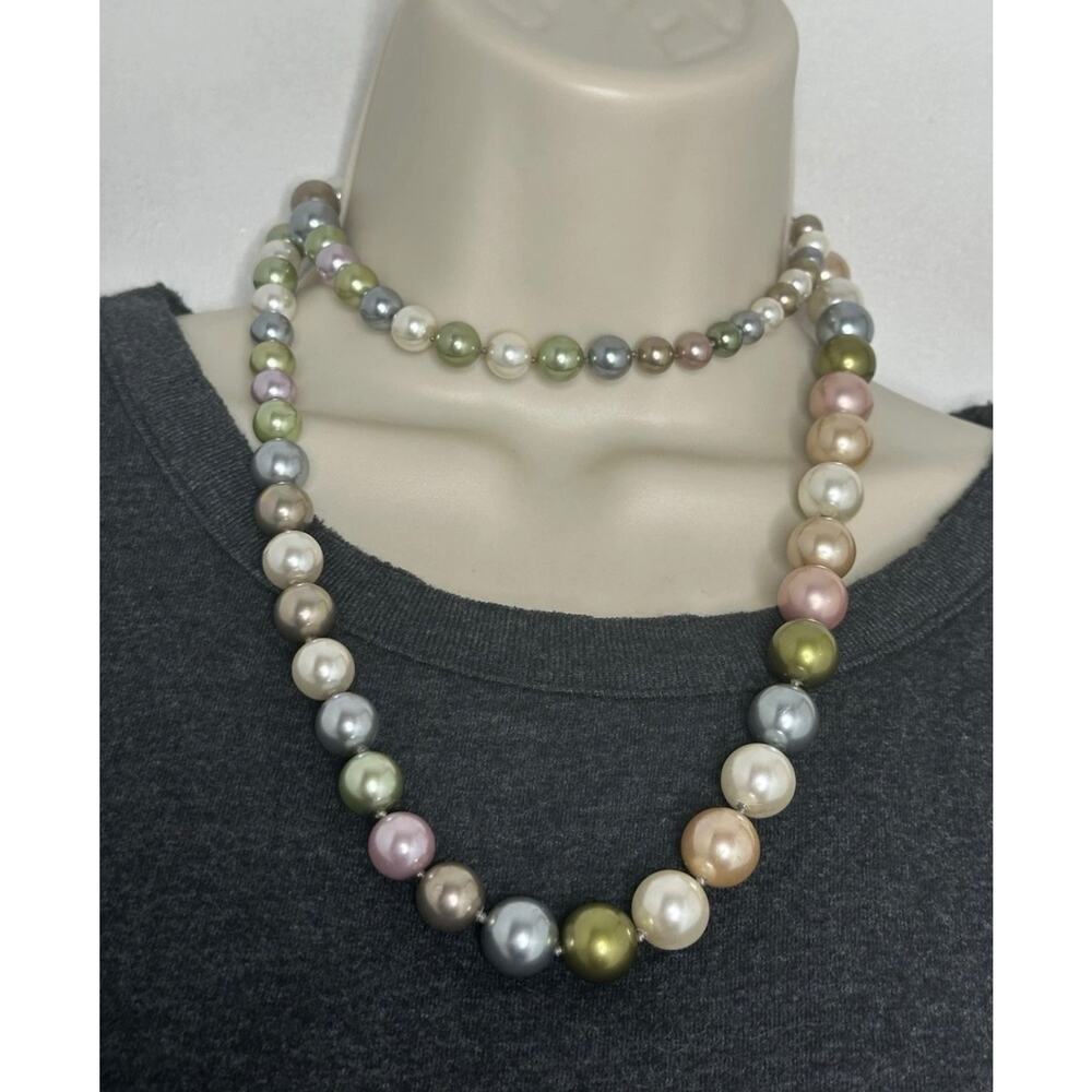 Vintage LUO Multi Color Pearl Long Necklace w/Sterling Silver Lobster Clasp